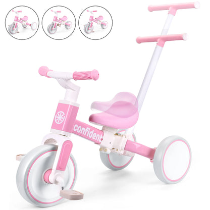 Toddler Tricycle 3-in-1 with Parent Push Handle, Pink Ride-On with Quiet EVA Wheels, Carbon Steel Frame and Adjustable Seat for Ages 1–4