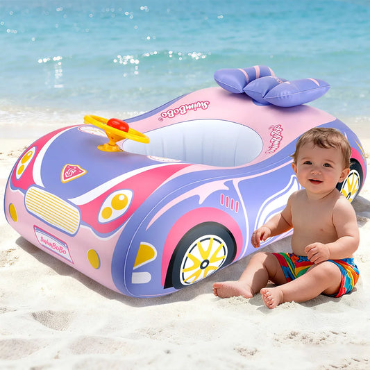Car-Shaped Kids Pool Float Seat with Steering Wheel and Sounding Horn, Inflatable Swim Ring with Smooth Leg Openings for Supervised Summer Water Play
