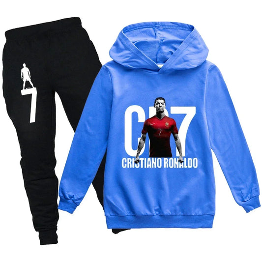 Kids Soccer Graphic Tracksuit with CR7 Print Hoodie and Black Jogger Pants, Two-Piece Casual Outfit for Boys and Girls, Spring and Fall