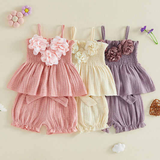 Toddler Girl Summer Shorts Set with 3D Flower Smocked Sleeveless Top and Elastic Waist Bloomers, Cotton Blend Outfit for Ages 12 Months–5 Years