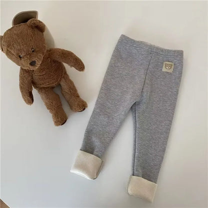 Fleece Lined Leggings for Toddler Girls with Bear Patch, Slim Fit Polyester Pants in Four Neutral Colors, Sizes 12M and 2T–6T for Fall Layering