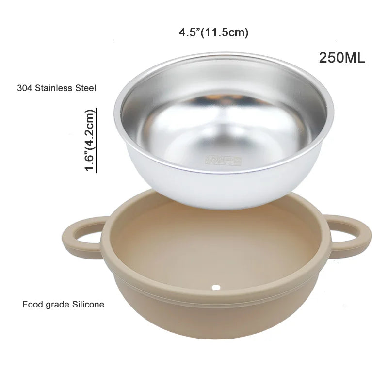 Stainless Steel Baby Feeding Set, 4-Piece Tableware with Three-Section Suction Plate, Handled Bowl, Spoon and Fork in Four Colors