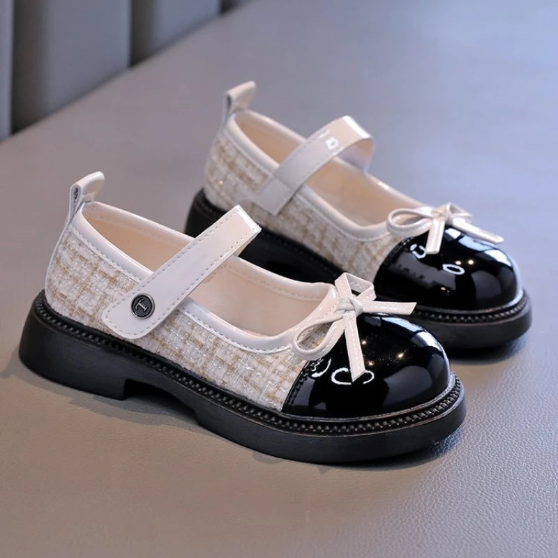 Girls Patchwork Mary Jane Shoes with Bow Detail, Glossy Round Toe and Textured Panels in Black or Beige for Spring Fall Dressy Outfits