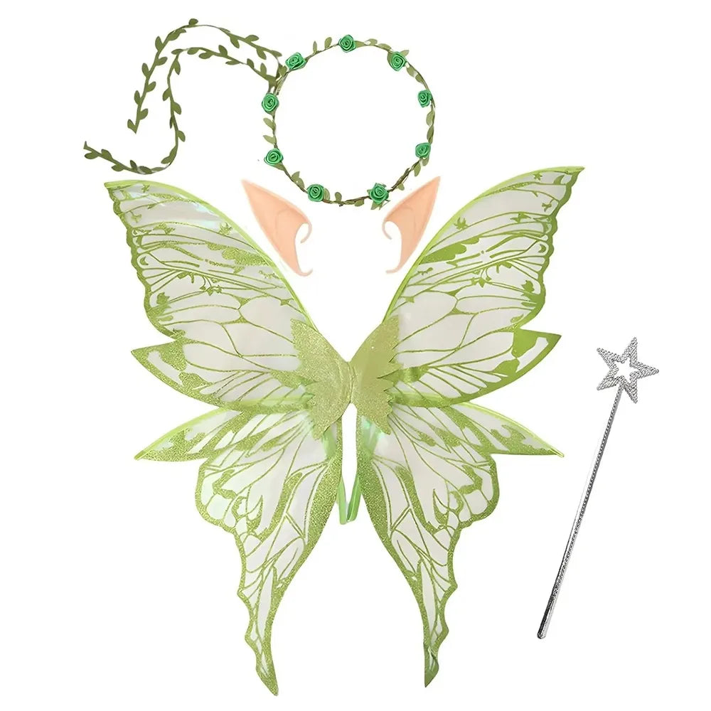 Fairy Wings Costume Set with Organza Butterfly Wings, Elf Ears, Floral Wreath and Star Wand for Halloween, Fantasy Parties and Dress-Up