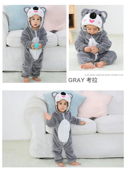 Animal Kigurumi Costume for Babies and Toddlers, Hooded Flannel Jumpsuit with Long Sleeves for Halloween Dress-Up and Family Photos