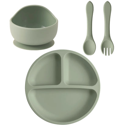 Four-Piece Silicone Baby Feeding Set with Three-Section Suction Plate, Bowl, Spoon and Fork for Supervised Toddler Meals in Ten Color Options