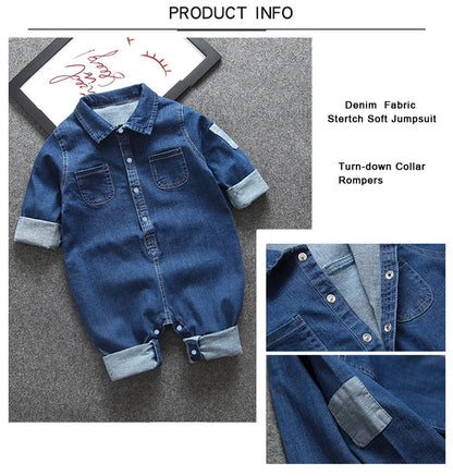 Collared Baby Denim Romper by IENENS with Chest Pockets and Snap Fastenings, Blue Long Sleeve One-Piece Outfit for Boys and Girls in 0-18M Sizes