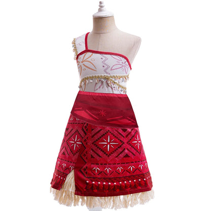 Ocean Princess Costume Dress for Girls with Necklace, Red Patterned Skirt and Fringe Trim for Halloween, Birthday Parties and Adventure Dress-Up