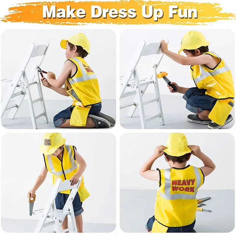 Construction Worker Dress-Up Set for Kids Ages 3-6, Builder Costume with Vest, Hat and Pretend Tools for Career Day and Birthday Play