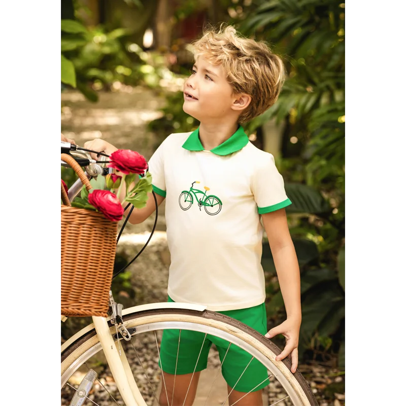 Bicycle Print Sibling Matching Outfits, Cream Girls Dresses and Tops with Red Skirts, Boys Green Shorts and Baby Rompers for Family Photos