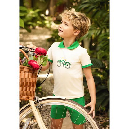 Bicycle Print Sibling Matching Outfits, Cream Girls Dresses and Tops with Red Skirts, Boys Green Shorts and Baby Rompers for Family Photos