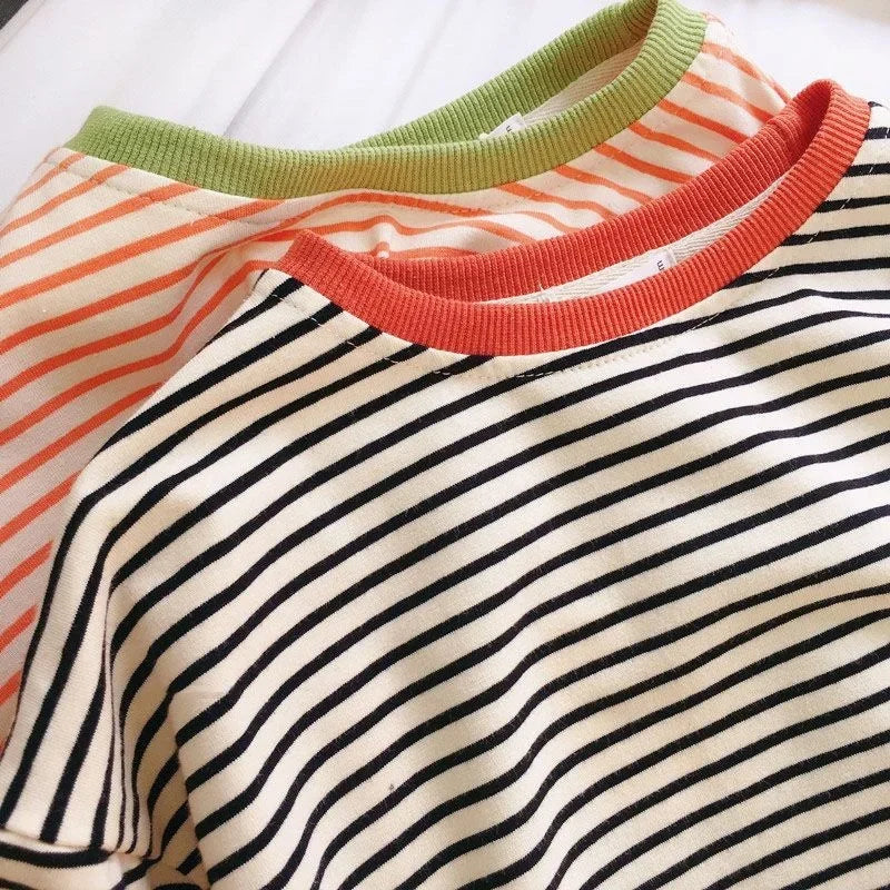Toddler Striped Long Sleeve Shirt with Contrast Crewneck, Relaxed Fit Black or Orange Tee for Boys and Girls, Baby Sizes 9-12M to 5T