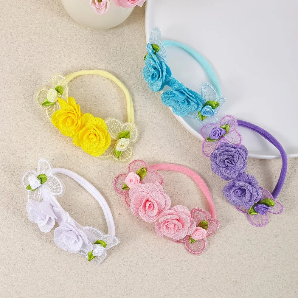 Flower Baby Headbands, 5-Piece Nylon Elastic Band Set with Layered Fabric Roses and Mesh Butterfly Accents for Supervised Outfit Photos