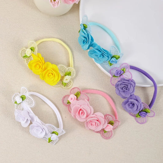 Flower Baby Headbands, 5-Piece Nylon Elastic Band Set with Layered Fabric Roses and Mesh Butterfly Accents for Supervised Outfit Photos