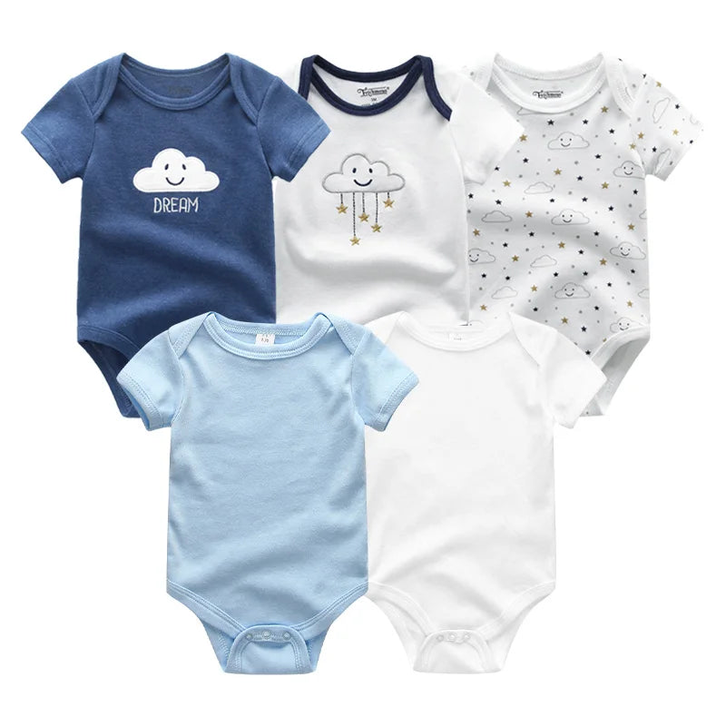 Infant Cotton Bodysuits 5-Pack with Short Sleeves and Envelope Shoulders, Solid Colors and Playful Prints for Baby Boys and Girls, Sizes 3M-12M