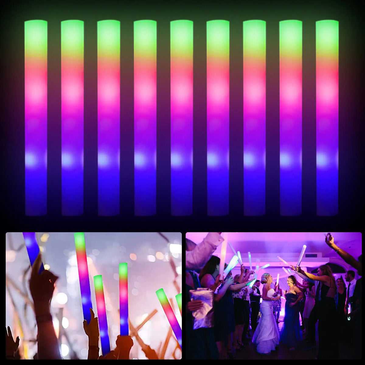 Bulk RGB LED Glow Sticks, 100-Pack Light-Up Foam Cheer Tubes with 3 Flashing Modes and Included Batteries for Weddings, Birthdays and Christmas Parties