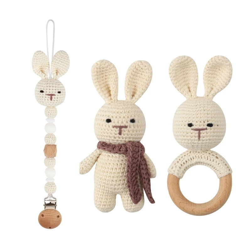 Crochet Animal Rattle Set with Wooden Ring and Coordinating Accessories, Rabbit, Deer and More Designs for Supervised Play and Baby Shower Gifts