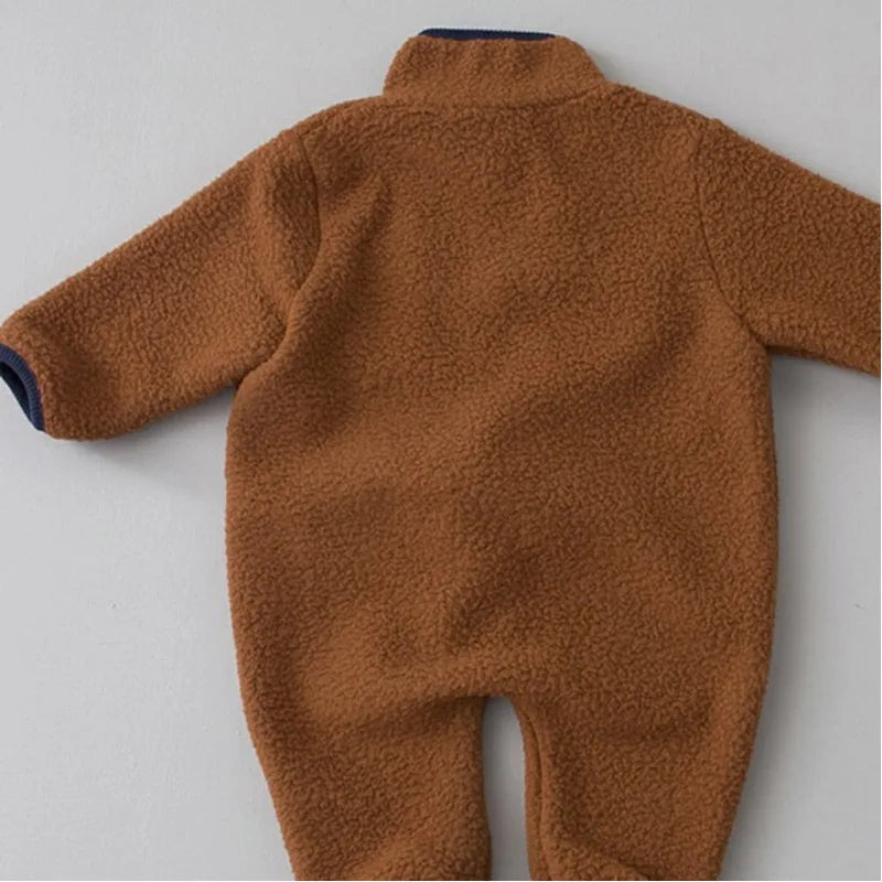 Zip Front Baby Fleece Romper by MILANCEL with Contrast Chest Pocket, Long Sleeve Footless One-Piece Outerwear in Brown, Beige and Green, 3-24M