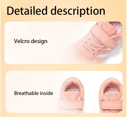 Kids Wide-Toe Mesh Sneakers with Adjustable Hook-and-Loop Strap, Contrast Side Stripes and Low-Top Casual Style in Pink, Black or Blue