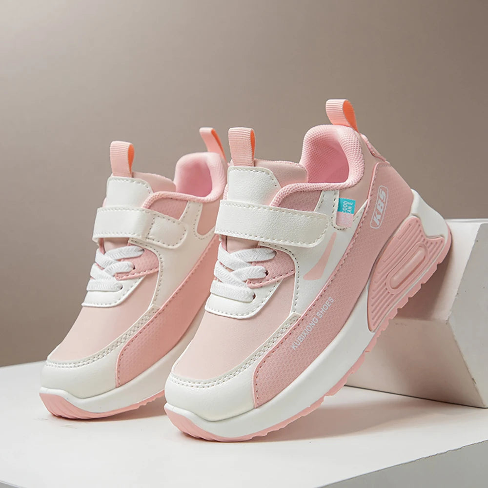 Color-Block Kids Running Shoes with PU Leather Upper, Soft Rubber Sole and Strap Closure for Boys and Girls, School Days and Outdoor Play