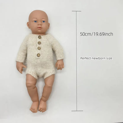 Newborn Bear Photography Outfit with Long Sleeve Knitted Romper and Bear Ear Bonnet, Optional Knit Toy for Baby Boys and Girls Portrait Sessions