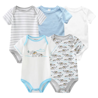 Infant Cotton Bodysuits 5-Pack with Short Sleeves and Envelope Shoulders, Solid Colors and Playful Prints for Baby Boys and Girls, Sizes 3M-12M