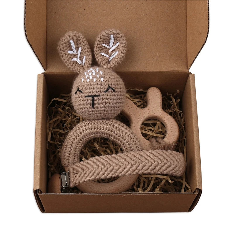 Crochet Animal Rattle Set with Wooden Ring and Coordinating Accessories, Rabbit, Deer and More Designs for Supervised Play and Baby Shower Gifts