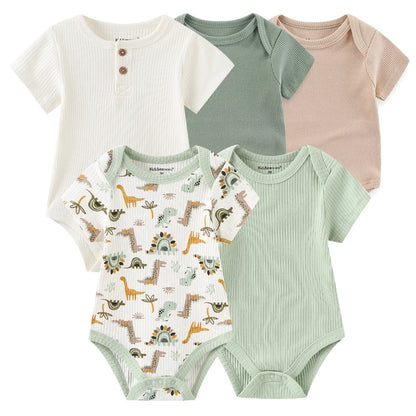 Infant Cotton Bodysuits 5-Pack with Short Sleeves and Envelope Shoulders, Solid Colors and Playful Prints for Baby Boys and Girls, Sizes 3M-12M