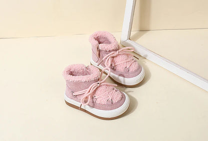 Toddler Plush Ankle Boots with Lace-Up Front, Rubber Soles and Fluffy Trim for Boys and Girls, Beige Black or Pink Cool-Weather Shoes