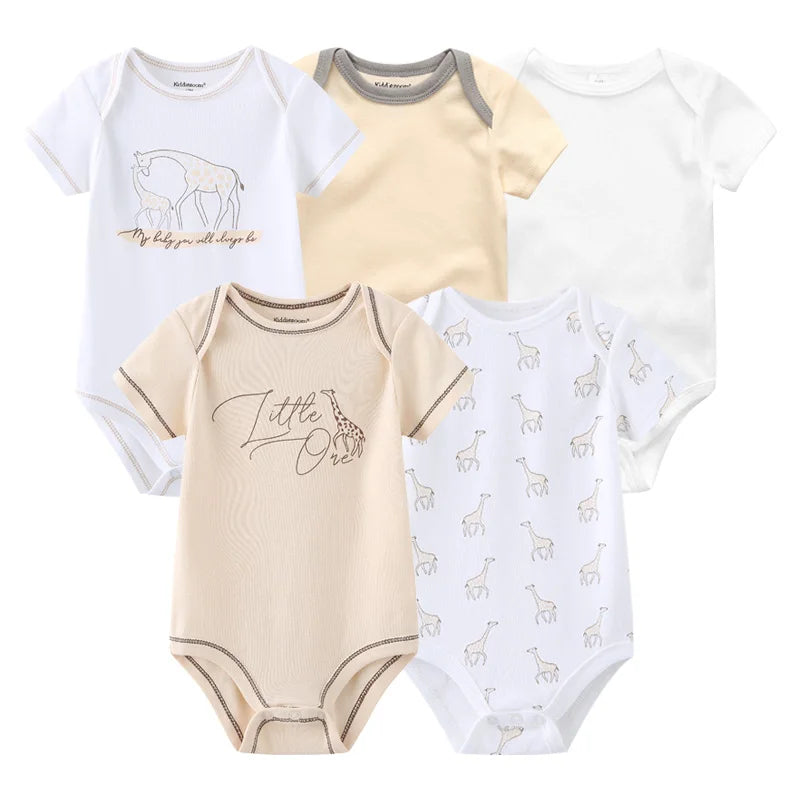 Infant Cotton Bodysuits 5-Pack with Short Sleeves and Envelope Shoulders, Solid Colors and Playful Prints for Baby Boys and Girls, Sizes 3M-12M