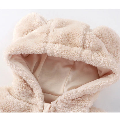 Bear Ear Baby Romper with Plush Texture and Heart Pockets, Hooded Zip Front One-Piece Outfit for Boys and Girls in Four Colors, 0-12 Months