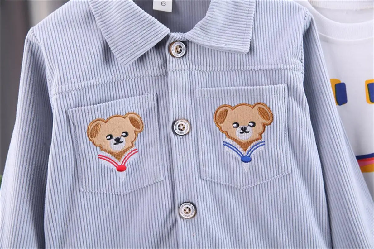Toddler Bear Pocket Outfit Set, Two-Piece Button-Front Collared Jacket and Matching Pants for Boys and Girls, Blue or Khaki, 12-18M to 5T