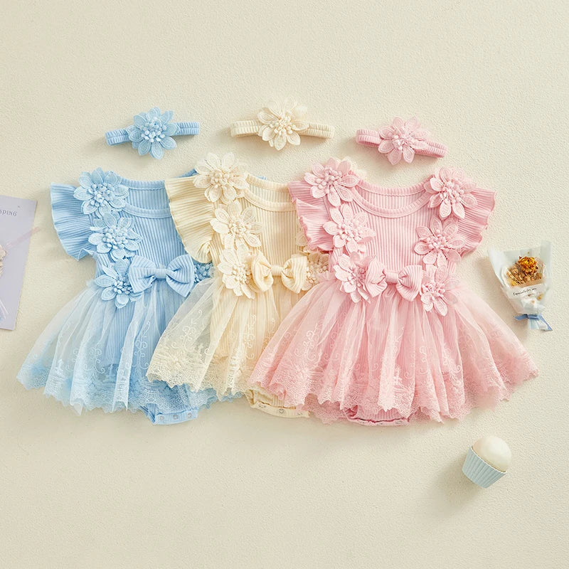 Flower Applique Baby Girl Romper Dress with Headband, Lace Mesh Skirt and Waist Bow, Cotton Blend Summer Occasion Outfit for 0-18 Months