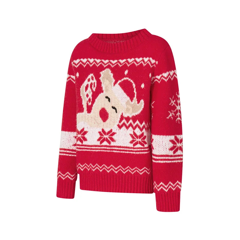 Reindeer Family Christmas Sweaters in Red or Green, Matching Mom Dad and Kids Long Sleeve Crewneck Pullovers for Holiday Photos and Parties