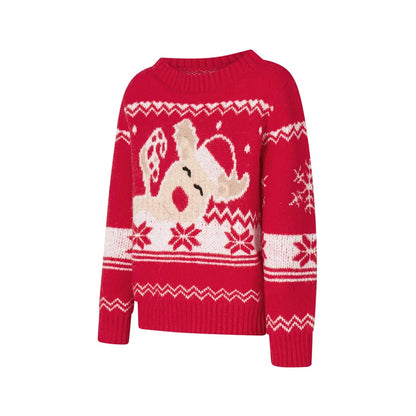 Reindeer Family Christmas Sweaters in Red or Green, Matching Mom Dad and Kids Long Sleeve Crewneck Pullovers for Holiday Photos and Parties