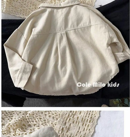 Baby and Toddler Collared Button-Up Shirt with Long Sleeves and Chest Pocket, Beige or Brown Unisex Casual Top for Spring and Fall Family Outfits