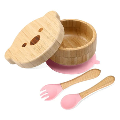Bamboo Baby Tableware Set with Animal Plate Designs, Bowl, Cup and Wooden-Handle Utensil Options for Supervised Infant and Toddler Mealtimes