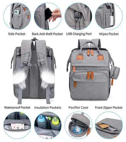 19-Pocket Diaper Backpack with Detachable Changing Station and USB Port, Baby Essentials Organizer with Pacifier Case for Moms and Dads