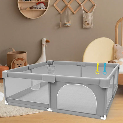Baby Playpen with Pull Rings by IMBABY, Light Gray Mesh Activity Fence with Zippered Door and Multiple Size Options for Supervised Play