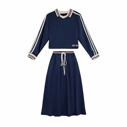 Navy Collared Kids Matching Outfits with Striped Trim, Boys Sweatshirt, Girls Dress and Skirt Set Options for Sibling Photos and Fall