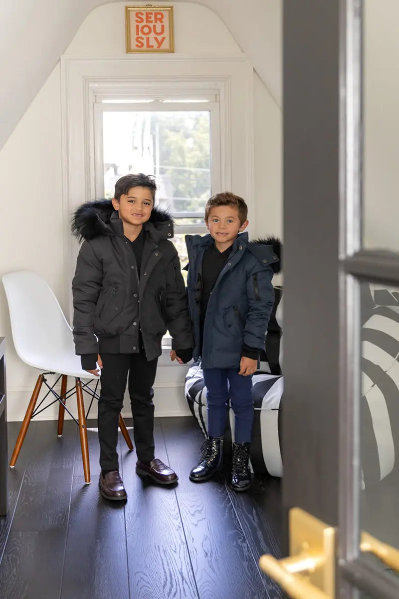 Kids Down Winter Coats with Fur-Trimmed Hoods, Black or Navy Short Bomber and Long Parka Styles for Boys and Girls, Child and Teen Size Options