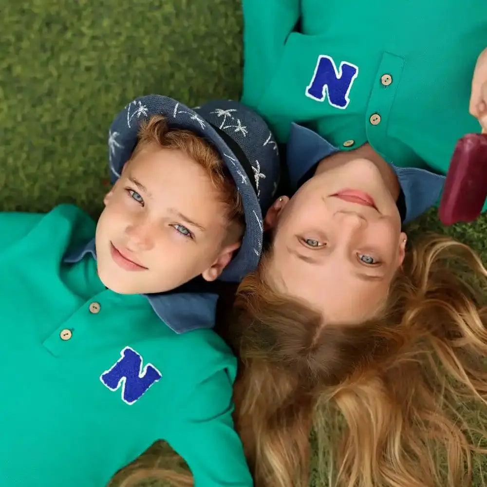 Green Polo Kids Outfits with Navy Letter Patch, Coordinating Girls Dresses, Boys Shirts and Shorts and Baby Girl Set Styles for Family Photos