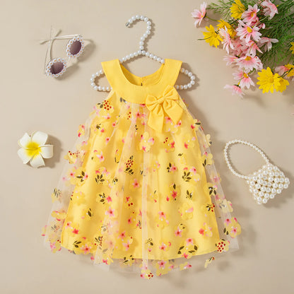 Baby Girl Floral Mesh Dress with Bow, Sleeveless Party Dress in Infant and Toddler Sizes for Birthdays, Family Photos and Summer Celebrations