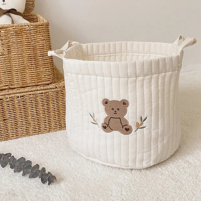Diaper Storage Basket with Cute Bear Embroidery and Carry Handles, Quilted Nursery Organizer for Newborn Diapers, Toys and Baby Essentials