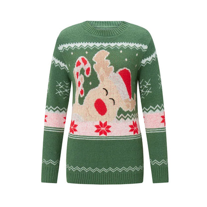 Reindeer Family Christmas Sweaters in Red or Green, Matching Mom Dad and Kids Long Sleeve Crewneck Pullovers for Holiday Photos and Parties