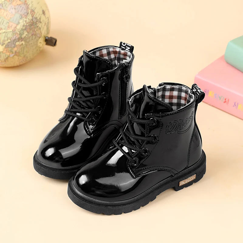 Lace-Up Kids Ankle Boots in PU Leather, Side-Zip Casual Shoes for Boys and Girls with Plush-Lined Options, Five Colors and Sizes 21-36