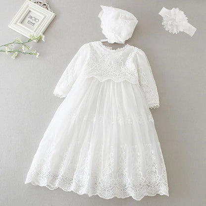 Baby Baptism Gown for Girls with Long Sleeves, Lace Details and Cotton Lining, Dress and Cap Set for Christening and First Birthday Photos