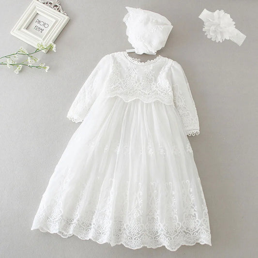 Baby Baptism Gown for Girls with Long Sleeves, Lace Details and Cotton Lining, Dress and Cap Set for Christening and First Birthday Photos
