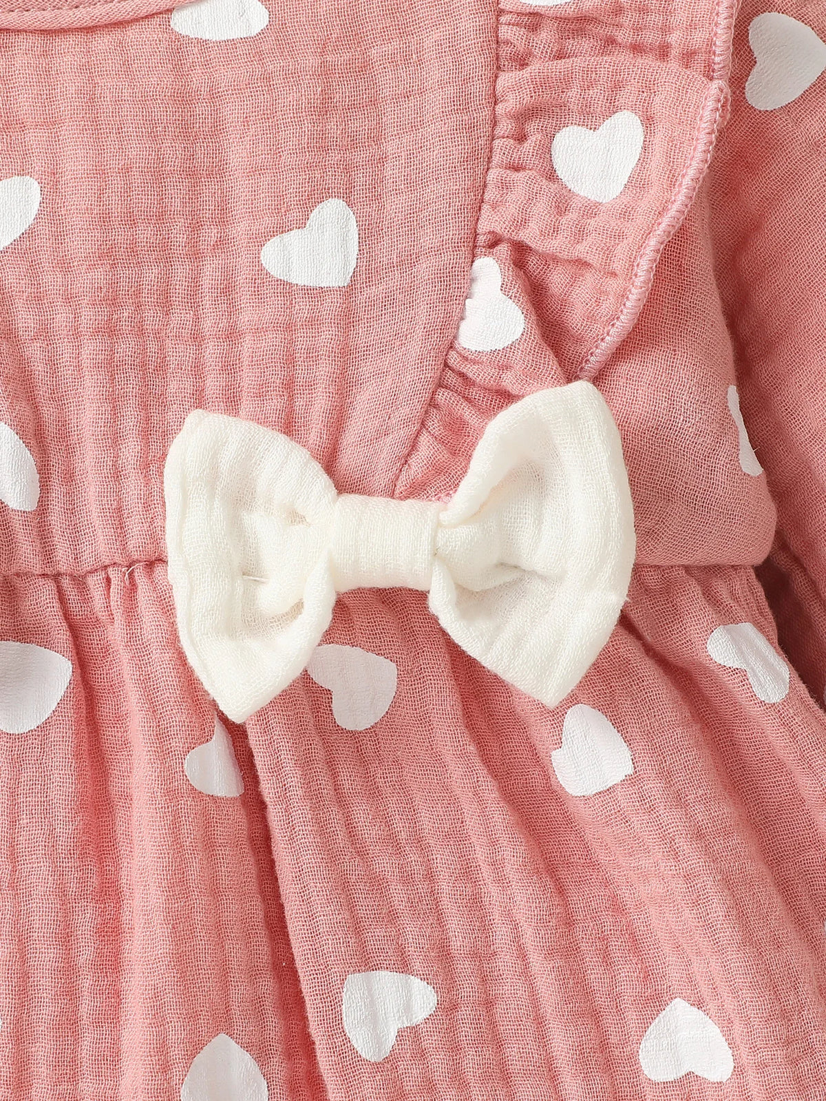 Baby Girl Heart Print Romper with Shoulder Ruffles and Bow Details, Long Sleeve Cotton Jumpsuit with Inner-Leg Snaps, Sizes 0-6 Months
