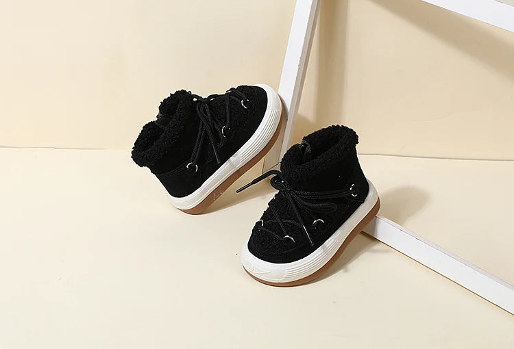 Toddler Plush Ankle Boots with Lace-Up Front, Rubber Soles and Fluffy Trim for Boys and Girls, Beige Black or Pink Cool-Weather Shoes